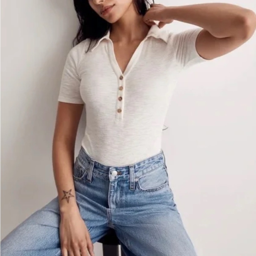 Women's White/Cream Short Sleeve Collared Bodysuit